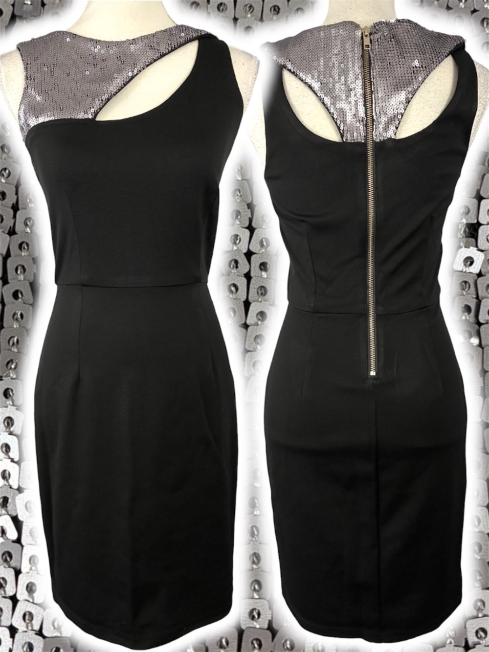 Alexia Admor Sequin Cutout Dress S Bodycon Knee Length Black Silver Cocktail